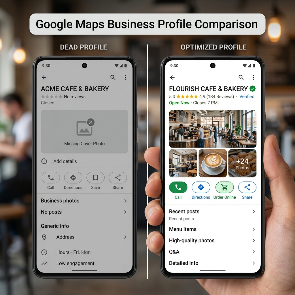Comparație Google Business Profile - Mort vs Optimizat