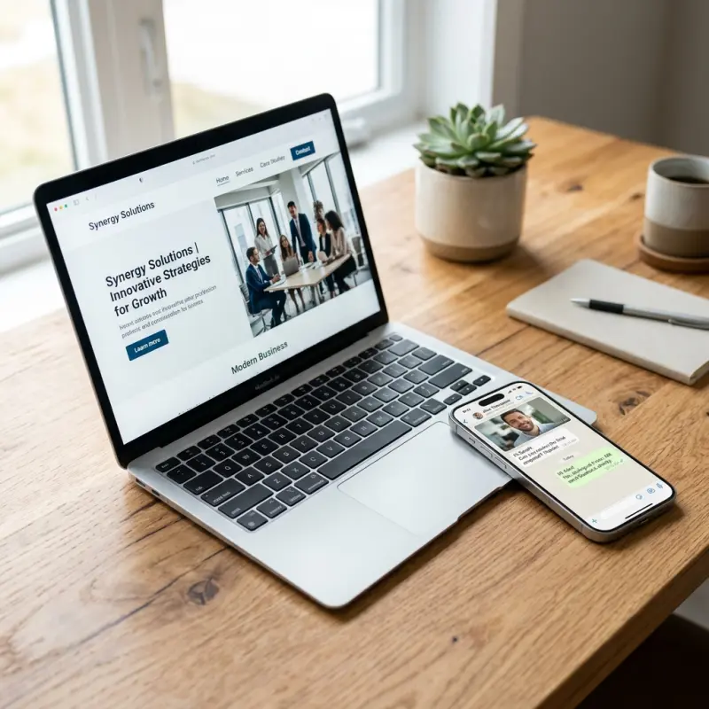 Site SEO administrat pe laptop și telefon cu contact WhatsApp